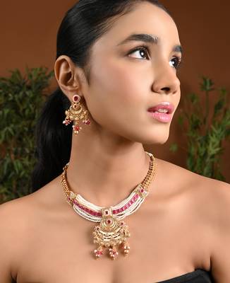 Gold plated traditional antique brass pearl necklace jewellery with earring set for women  1