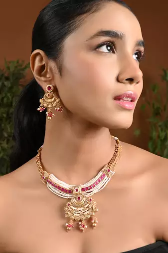 Gold plated traditional antique brass pearl necklace jewellery with earring set for women (mc212q)