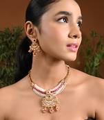 Gold plated traditional antique brass pearl necklace jewellery with earring set for women 