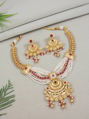 Gold plated traditional antique brass pearl necklace jewellery with earring set for women  2