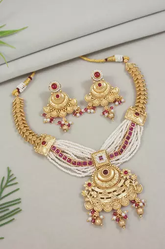 Gold plated traditional antique brass pearl necklace jewellery with earring set for women 