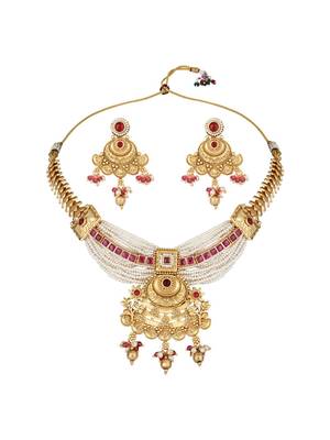 Gold plated traditional antique brass pearl necklace jewellery with earring set for women  3