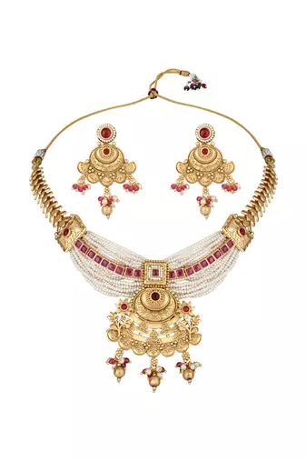 Gold plated traditional antique brass pearl necklace jewellery with earring set for women 