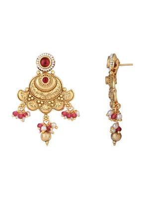 Gold plated traditional antique brass pearl necklace jewellery with earring set for women  4