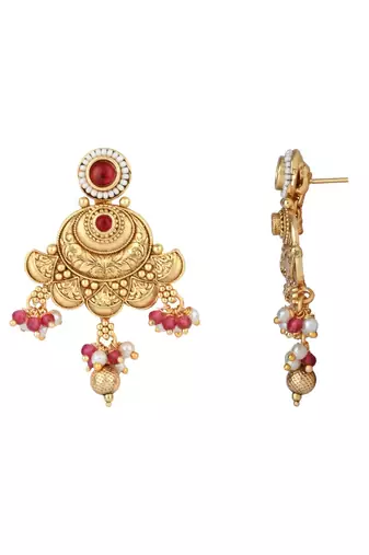 Gold plated traditional antique brass pearl necklace jewellery with earring set for women 