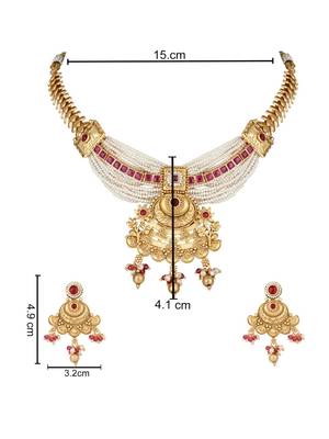 Gold plated traditional antique brass pearl necklace jewellery with earring set for women  5