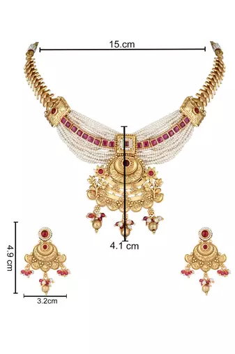 Gold plated traditional antique brass pearl necklace jewellery with earring set for women 