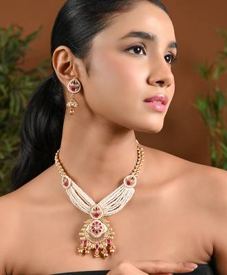 Gold plated traditional antique brass layered bead motif pearl necklace with earring jewellery set for women 1