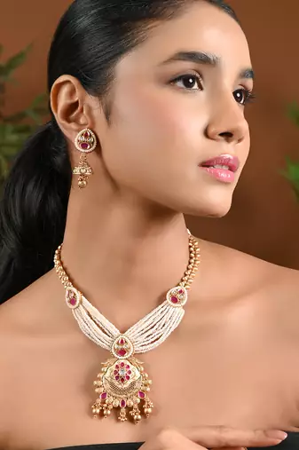 Gold plated traditional antique brass layered bead motif pearl necklace with earring jewellery set for women