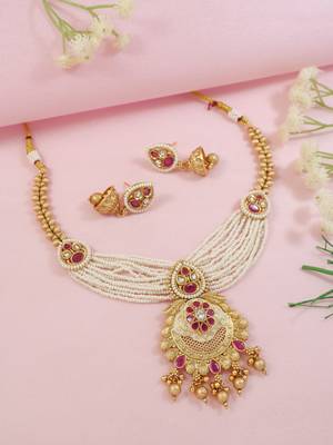 Gold plated traditional antique brass layered bead motif pearl necklace with earring jewellery set for women 2