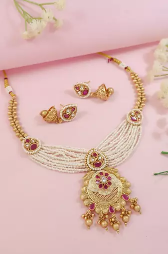 Gold plated traditional antique brass layered bead motif pearl necklace with earring jewellery set for women