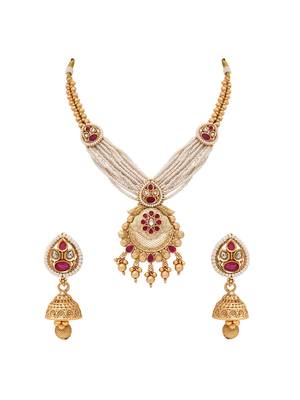 Gold plated traditional antique brass layered bead motif pearl necklace with earring jewellery set for women 3
