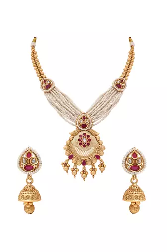 Gold plated traditional antique brass layered bead motif pearl necklace with earring jewellery set for women