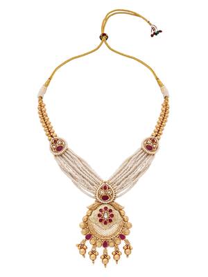 Gold plated traditional antique brass layered bead motif pearl necklace with earring jewellery set for women 4