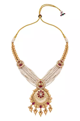Gold plated traditional antique brass layered bead motif pearl necklace with earring jewellery set for women