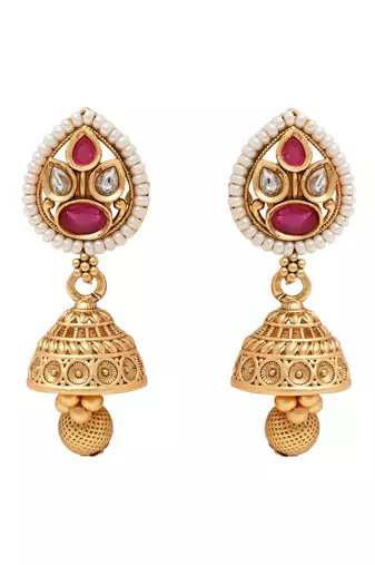 Gold plated traditional antique brass layered bead motif pearl necklace with earring jewellery set for women