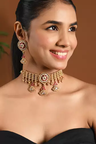 Gold plated traditional antique pearl necklace with earring jewellery set for women (mc223q)