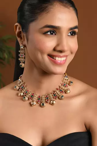 Gold plated traditional antique pearl necklace with earring jewellery set for women 