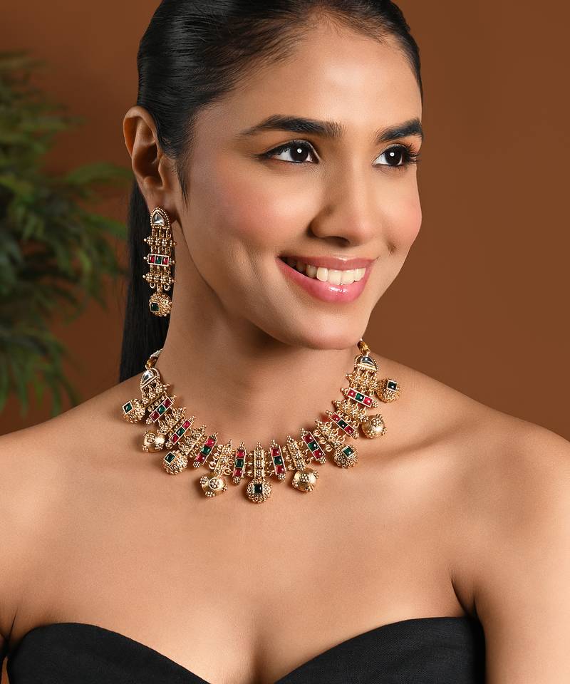 Gold plated traditional antique pearl necklace with earring jewellery set for women (mc224qg)