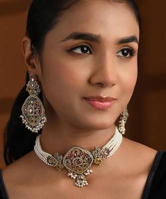 Gold plated traditional kundan pearl multi layered choker necklace jewellery set for women  1