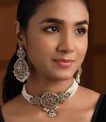 Gold plated traditional kundan pearl multi layered choker necklace jewellery set for women 
