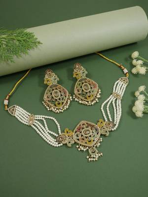 Gold plated traditional kundan pearl multi layered choker necklace jewellery set for women  2