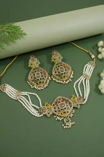 Gold plated traditional kundan pearl multi layered choker necklace jewellery set for women 