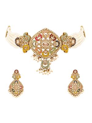Gold plated traditional kundan pearl multi layered choker necklace jewellery set for women  3