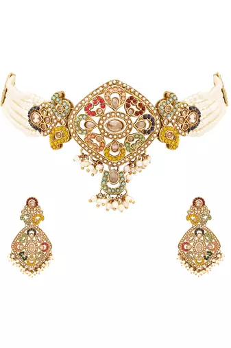 Gold plated traditional kundan pearl multi layered choker necklace jewellery set for women 
