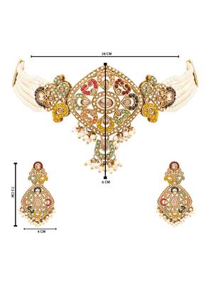 Gold plated traditional kundan pearl multi layered choker necklace jewellery set for women  5