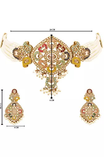 Gold plated traditional kundan pearl multi layered choker necklace jewellery set for women 