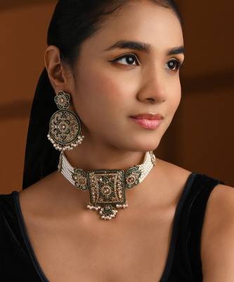 Gold plated traditional kundan pearl multi layered choker necklace jewellery set for women (ml445w) 1