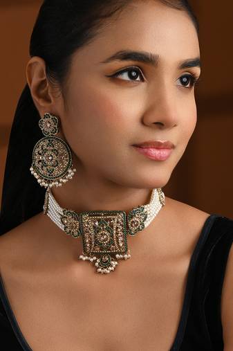 Gold plated traditional kundan pearl multi layered choker necklace jewellery set for women (ml445w)