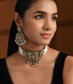 Gold plated traditional kundan pearl multi layered choker necklace jewellery set for women (ml445w)