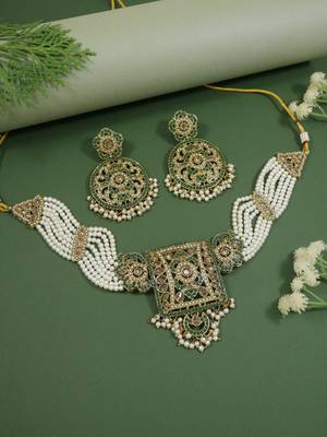 Gold plated traditional kundan pearl multi layered choker necklace jewellery set for women (ml445w) 2