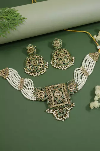 Gold plated traditional kundan pearl multi layered choker necklace jewellery set for women (ml445w)