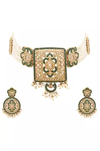 Gold plated traditional kundan pearl multi layered choker necklace jewellery set for women (ml445w)
