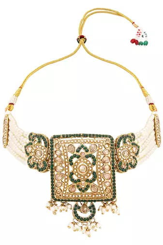 Gold plated traditional kundan pearl multi layered choker necklace jewellery set for women (ml445w)