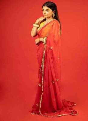 Red embroidered chiffon saree 4