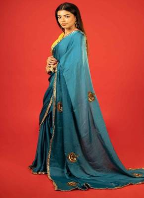 Dark teal embroidered satin saree 4