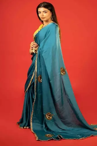 Dark teal embroidered satin saree