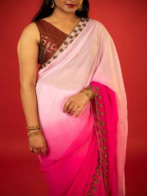 Pink embroidered georgette saree 5