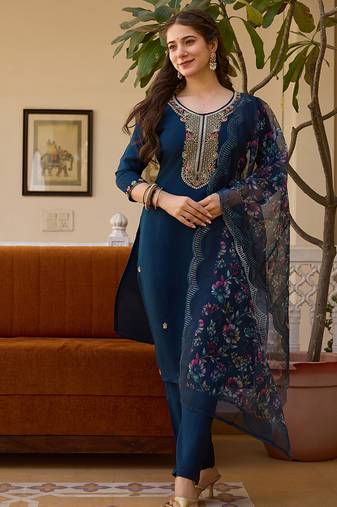 Navy blue viscose silk beads work desginer suit