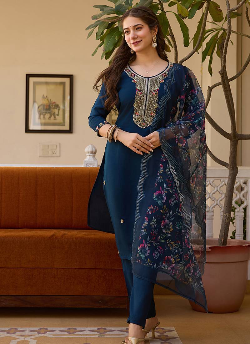 Navy blue viscose silk beads work desginer suit