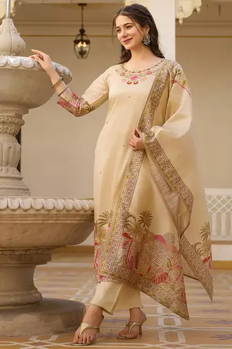 Cream viscose silk beads work desginer suit