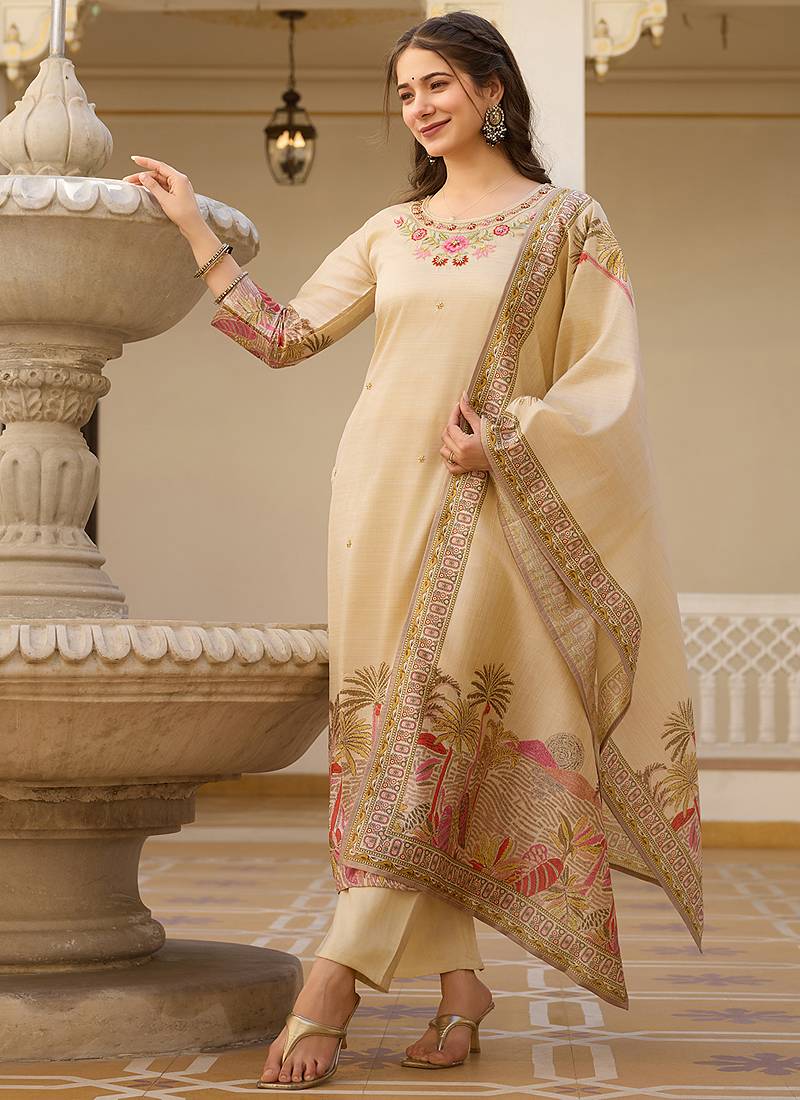 Cream viscose silk beads work desginer suit