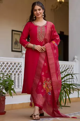 Red viscose silk beads work desginer suit