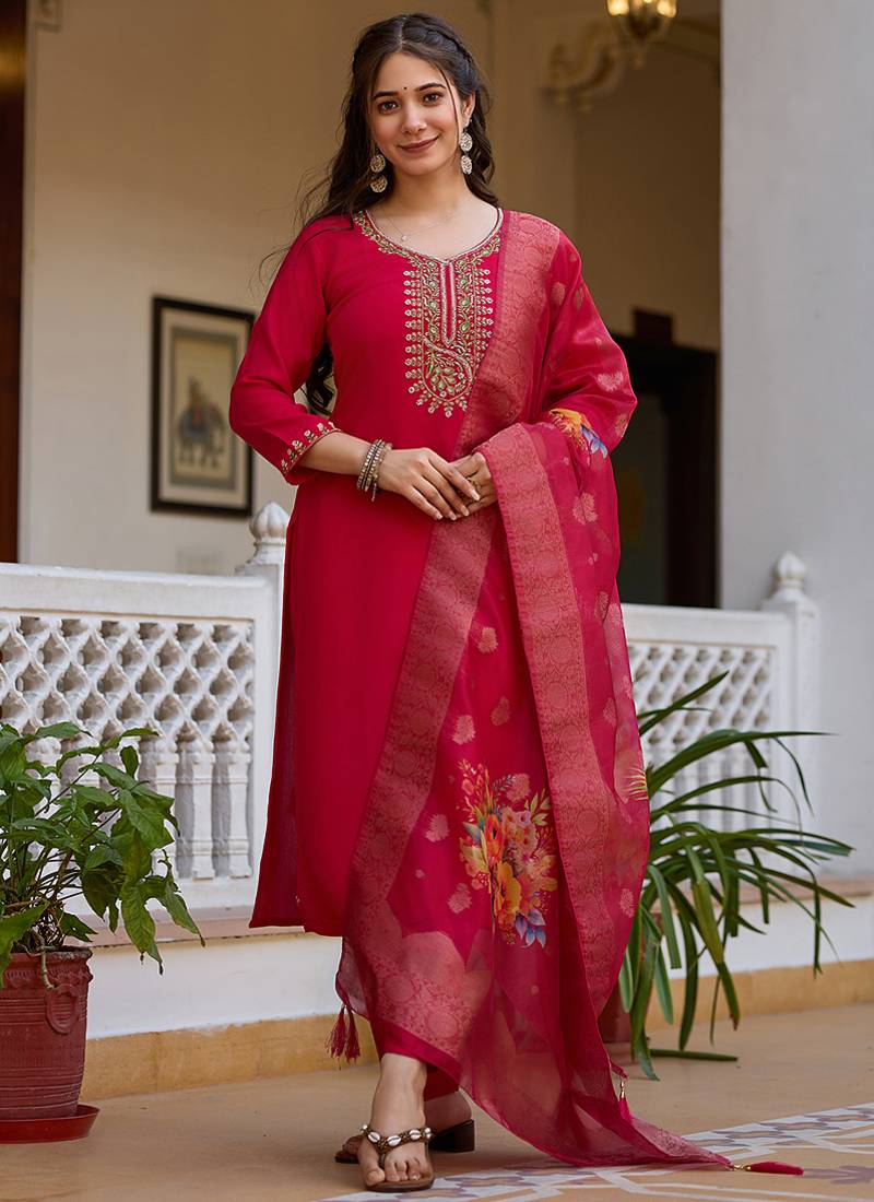 Red viscose silk beads work desginer suit
