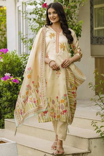 Cream viscose silk beads work desginer suit