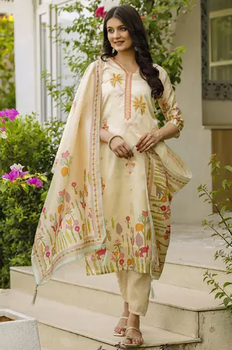 Cream viscose silk beads work desginer suit